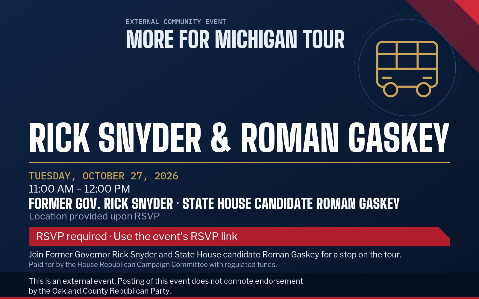 Event flyer: More for Michigan Tour with Former Gov. Rick Snyder & Roman Gaskey