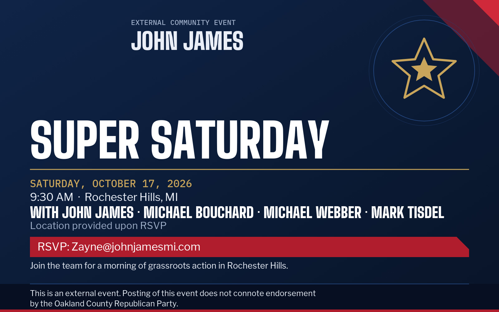 Event flyer: Super Saturday with John James, Michael Bouchard, Michael Webber & Mark Tisdel