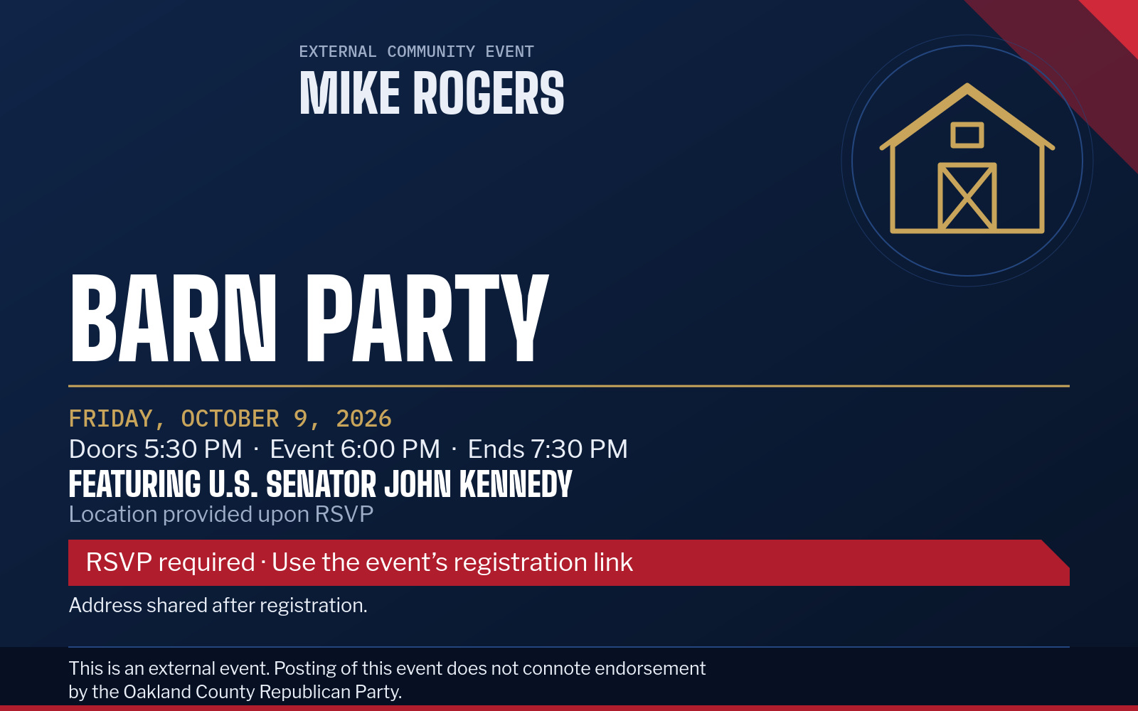 Event flyer: Mike Rogers Barn Party - featuring John Kennedy