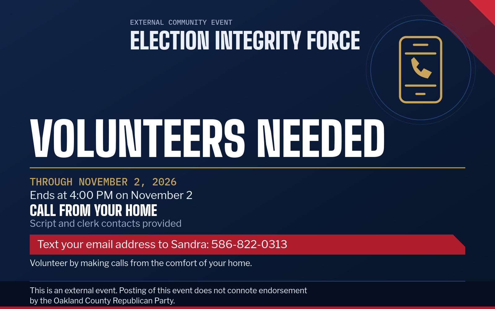 Event flyer: Election Integrity Force: Volunteers Needed
