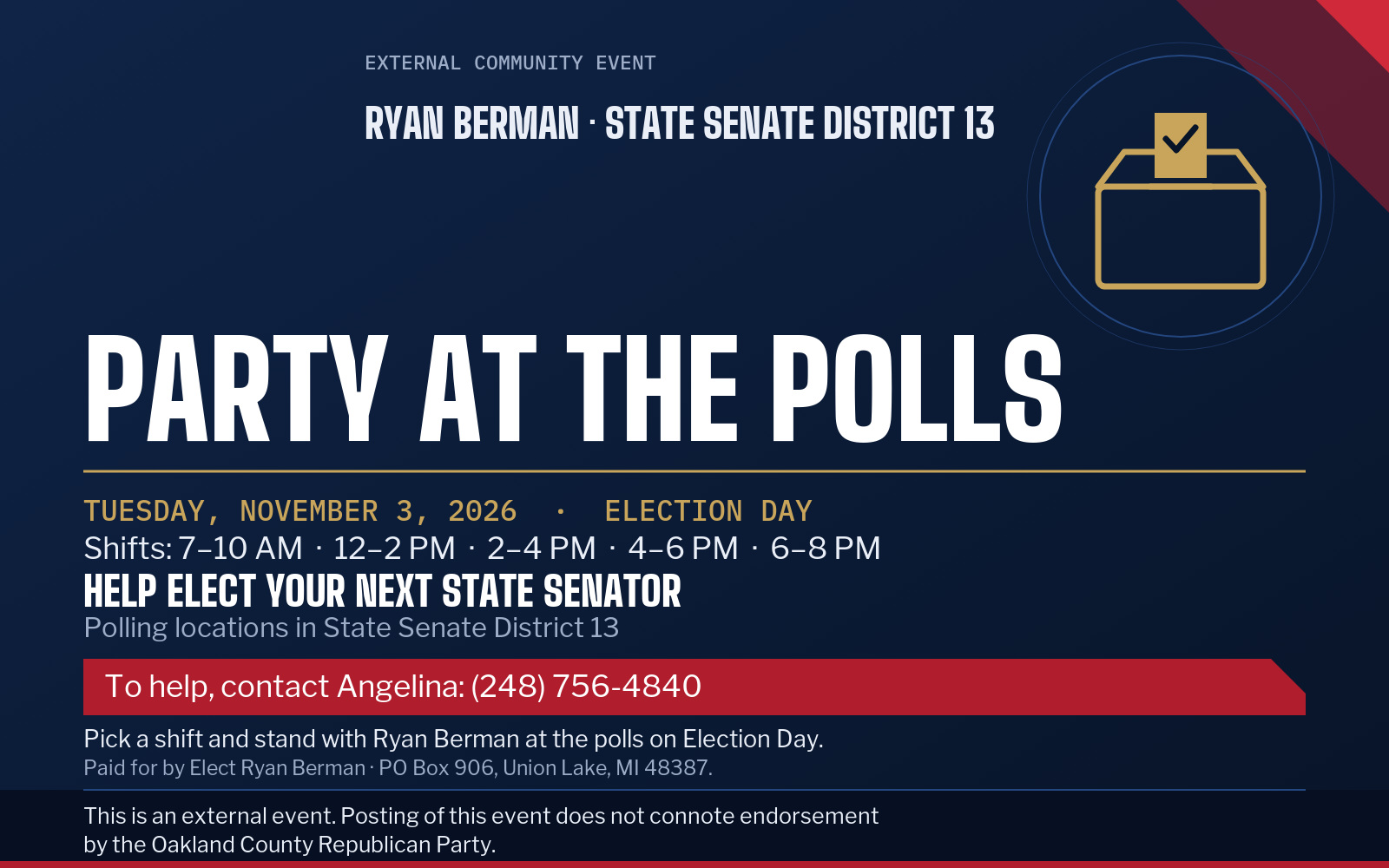 Event flyer: Ryan Berman Party at the Polls - Election Day Volunteers