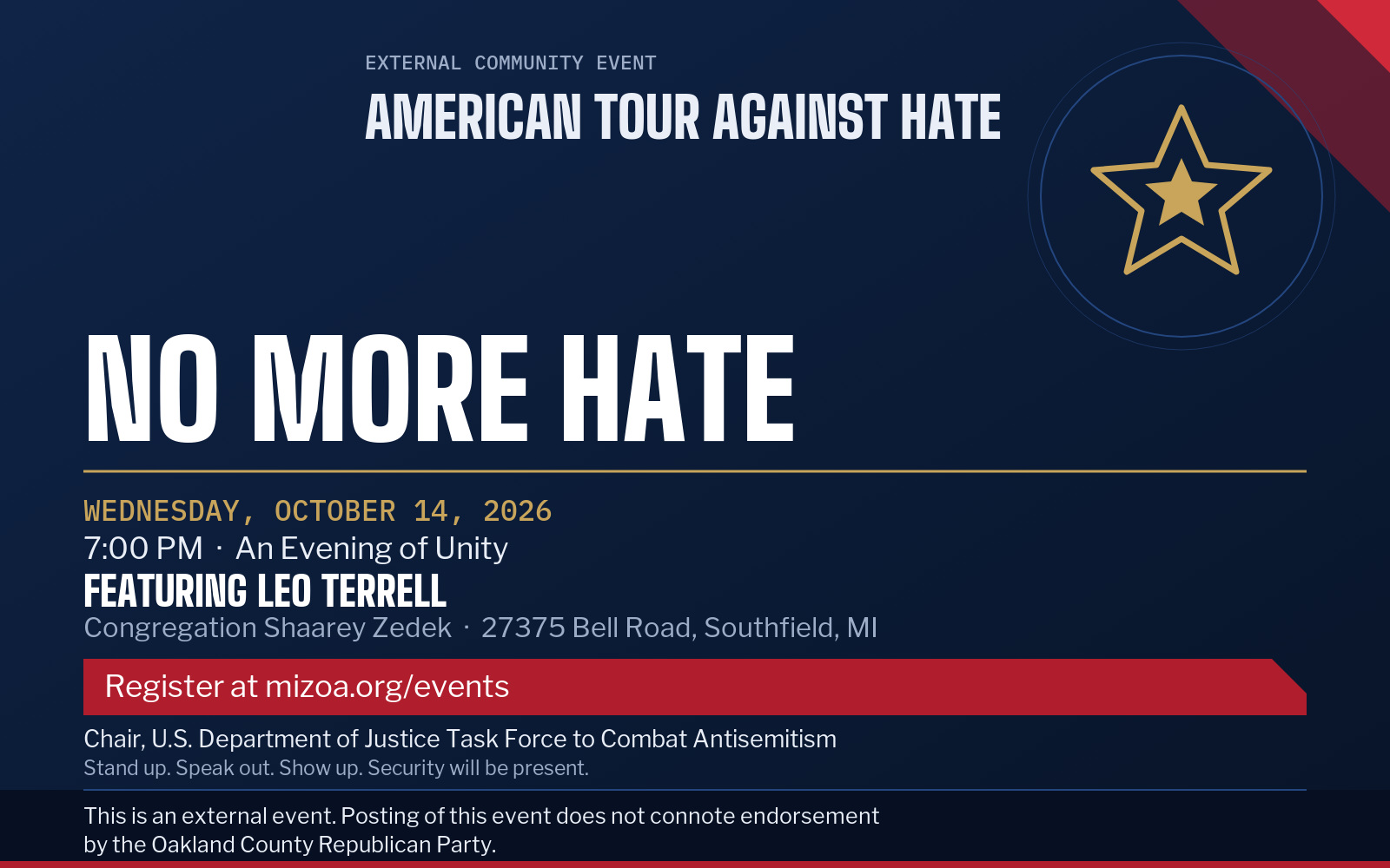 Event flyer: No More Hate: An Evening of Unity with Leo Terrell