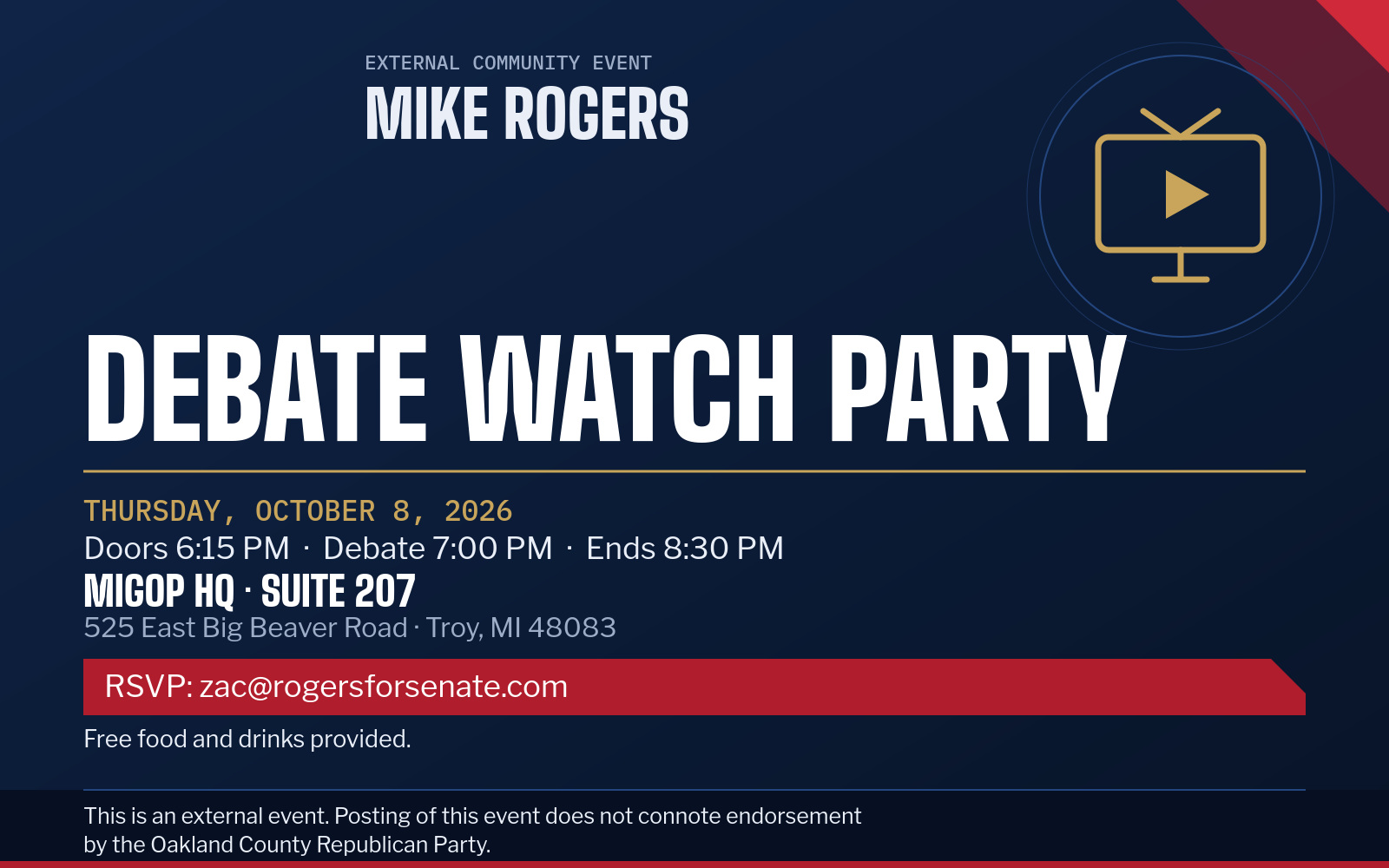 Event flyer: Mike Rogers Debate Watch Party