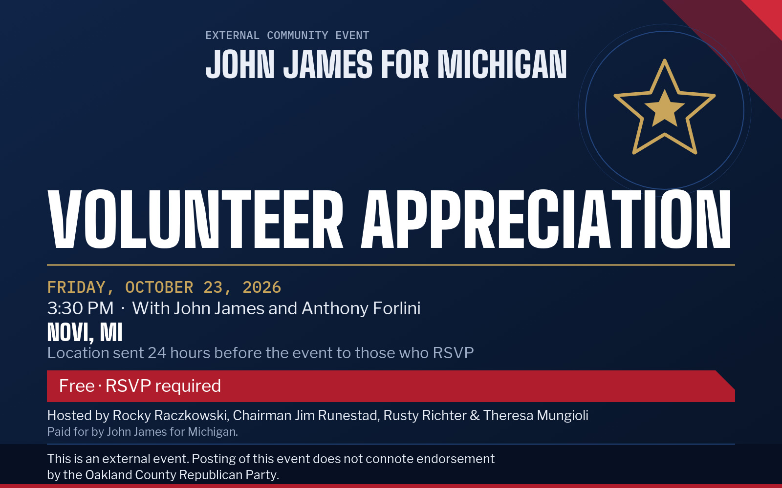 Event flyer: Volunteer Appreciation Event with John James & Anthony Forlini