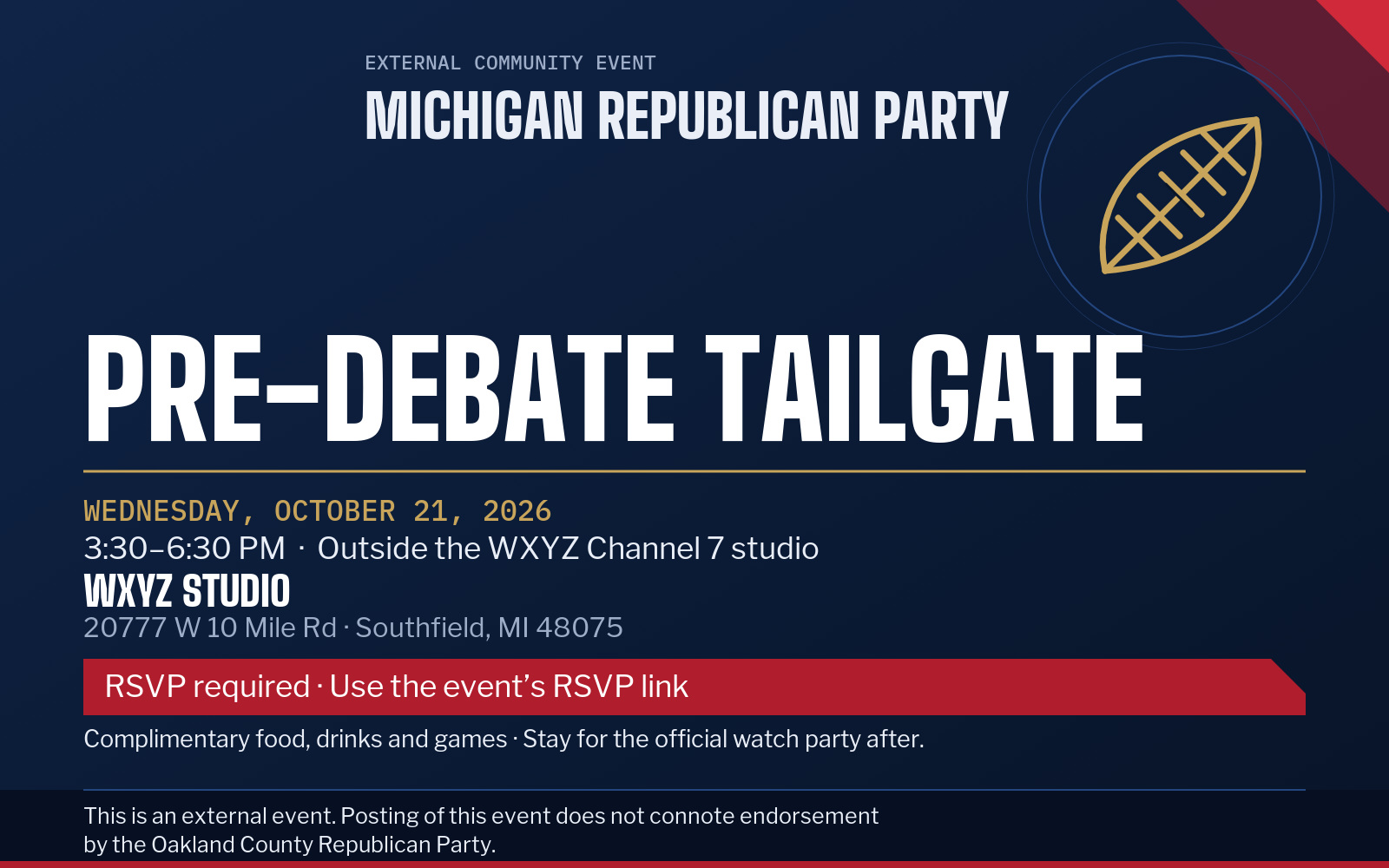 Event flyer: MIGOP Pre-Debate Tailgate at WXYZ