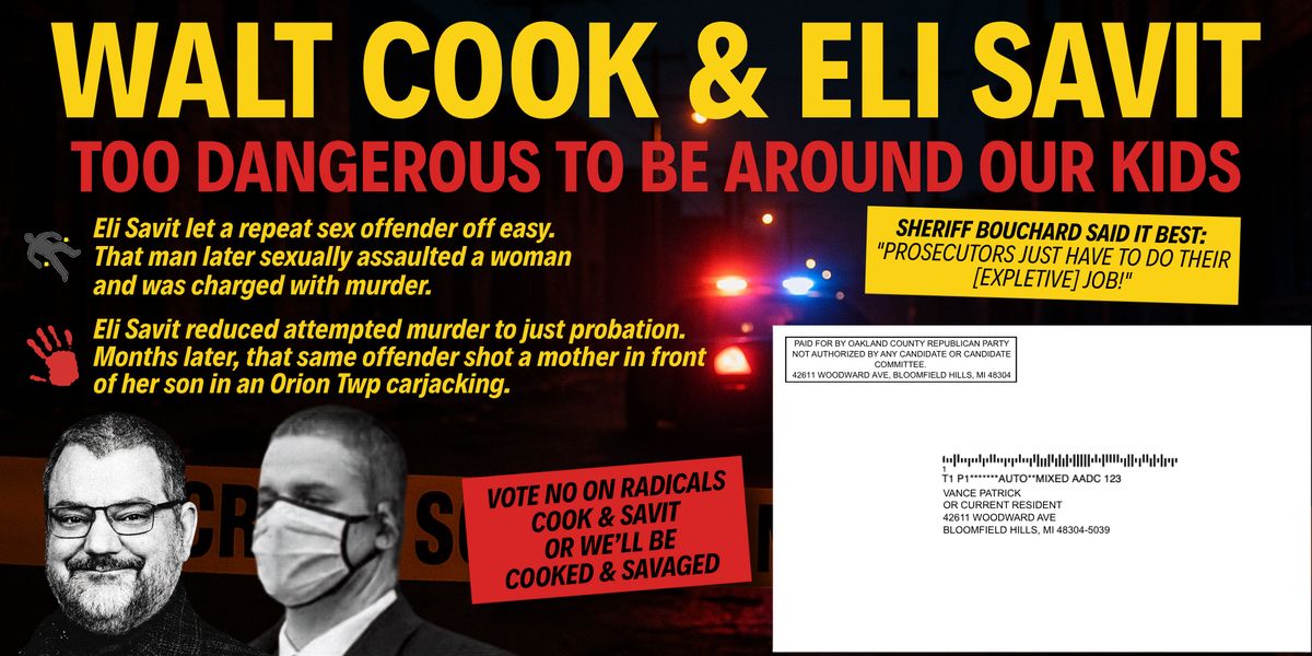 Mail piece 2 front: Walt Cook, too dangerous to be around our kids